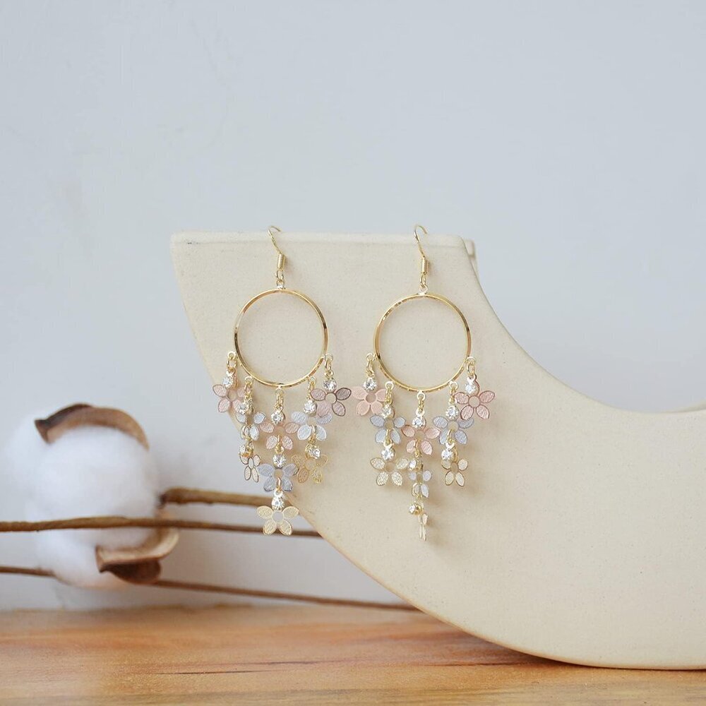 Women's Bohemian Long Colorful Chandelier Tassel Flower Dangle Drop Hoop Earring - Picture 9 of 9